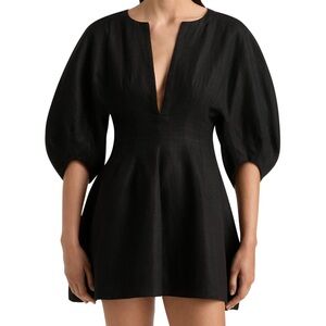 NWT!! Faithfull the Brand Soleil Linen Black Puff-Sleeve Mini Dress